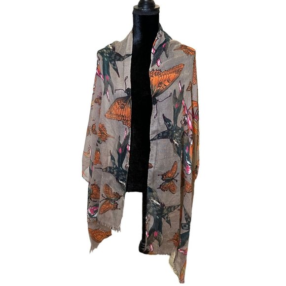 Unbranded Scarf Womens Long Rectangle Bird Butterfly Brown Green Fringe - Picture 3 of 9